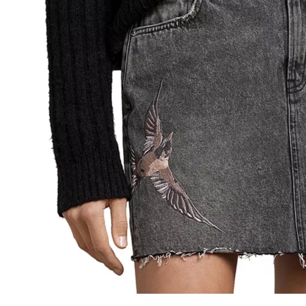All Saints Alana Embroidered Bird Distressed Mini Denim Skirt